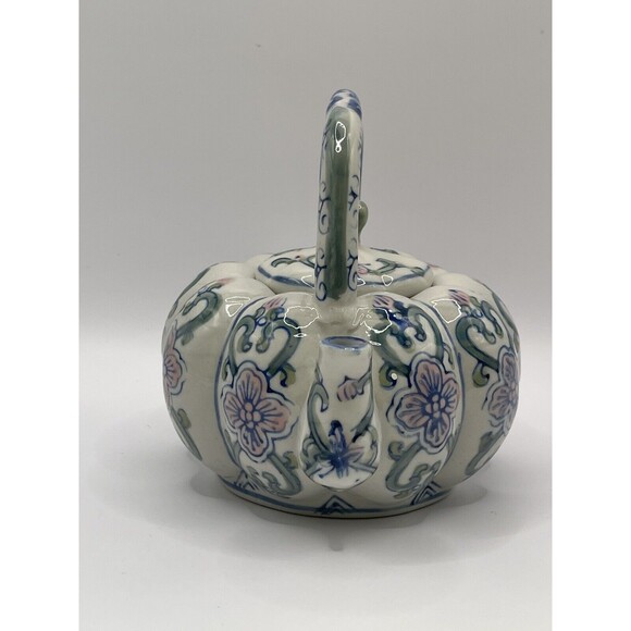 Tea Pot with Lid Blue Pink Green Hand Painted Ceramic - Picture 4 of 9